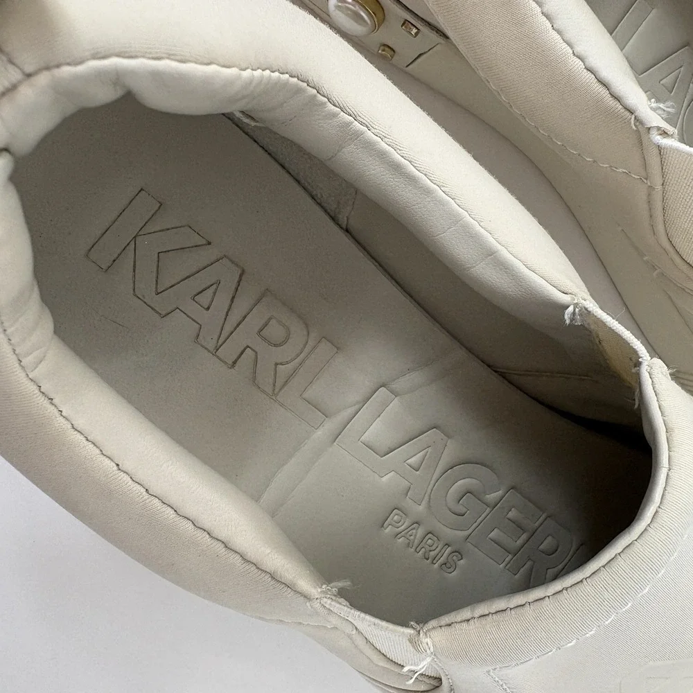 Karl Lagerfeld Paris Evy Pearl Embellished Platform Sneaker Ecru 10M Luxe Chic‎